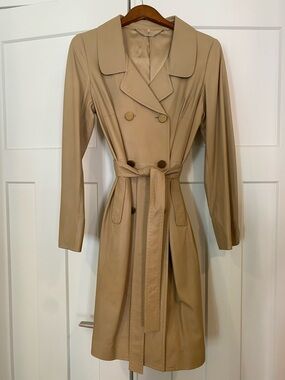 Elie Tahari Beige Leather Double-Breasted Trench